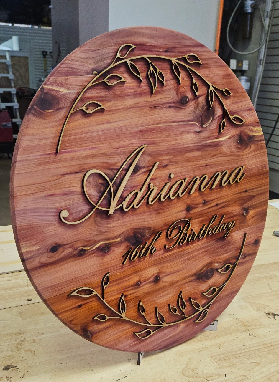 Custom wooden birthday sign with personalized name and decorative leaf design